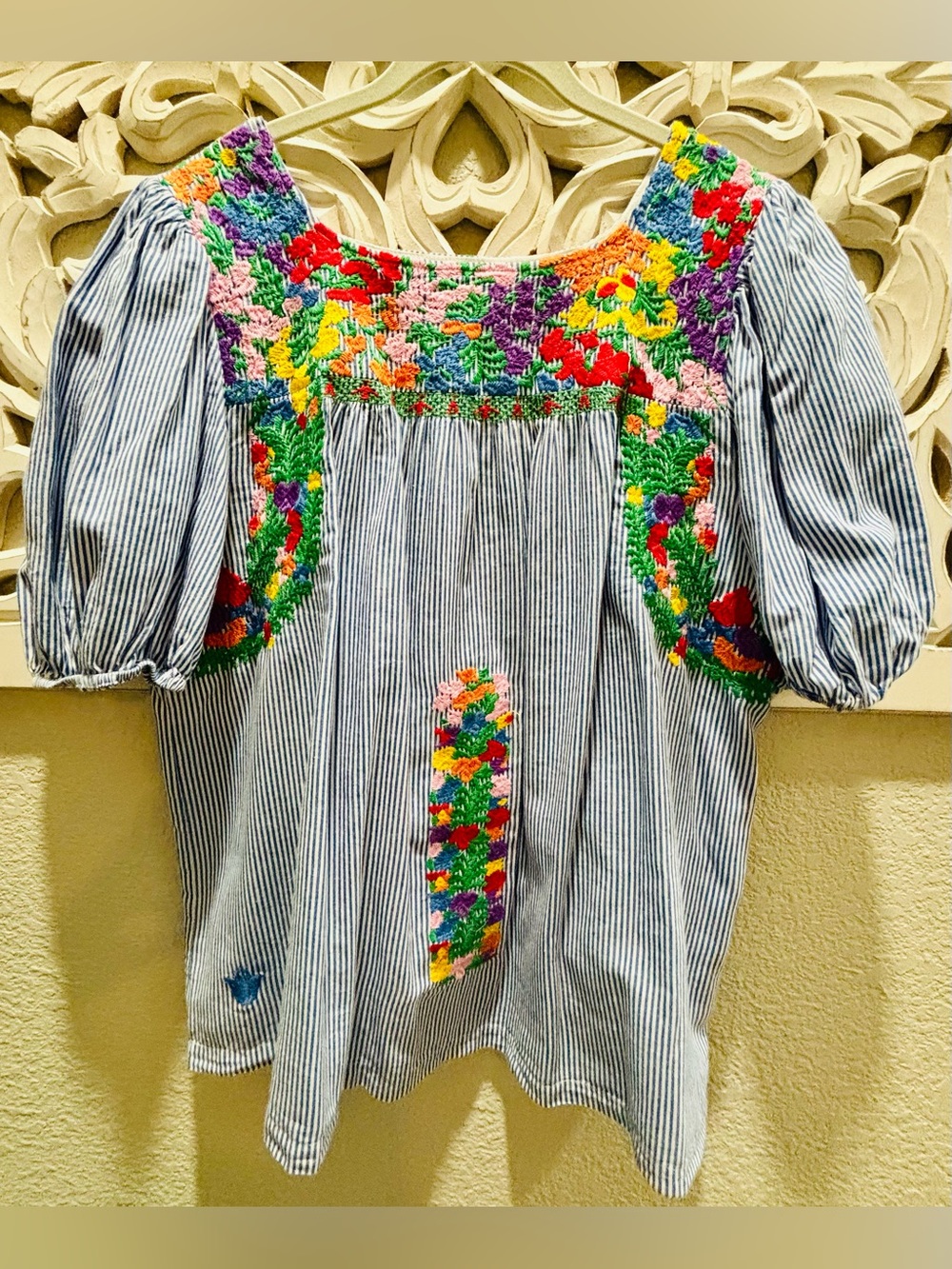 J.Marie Blue/White Striped Top with Colorful Floral Embroidery